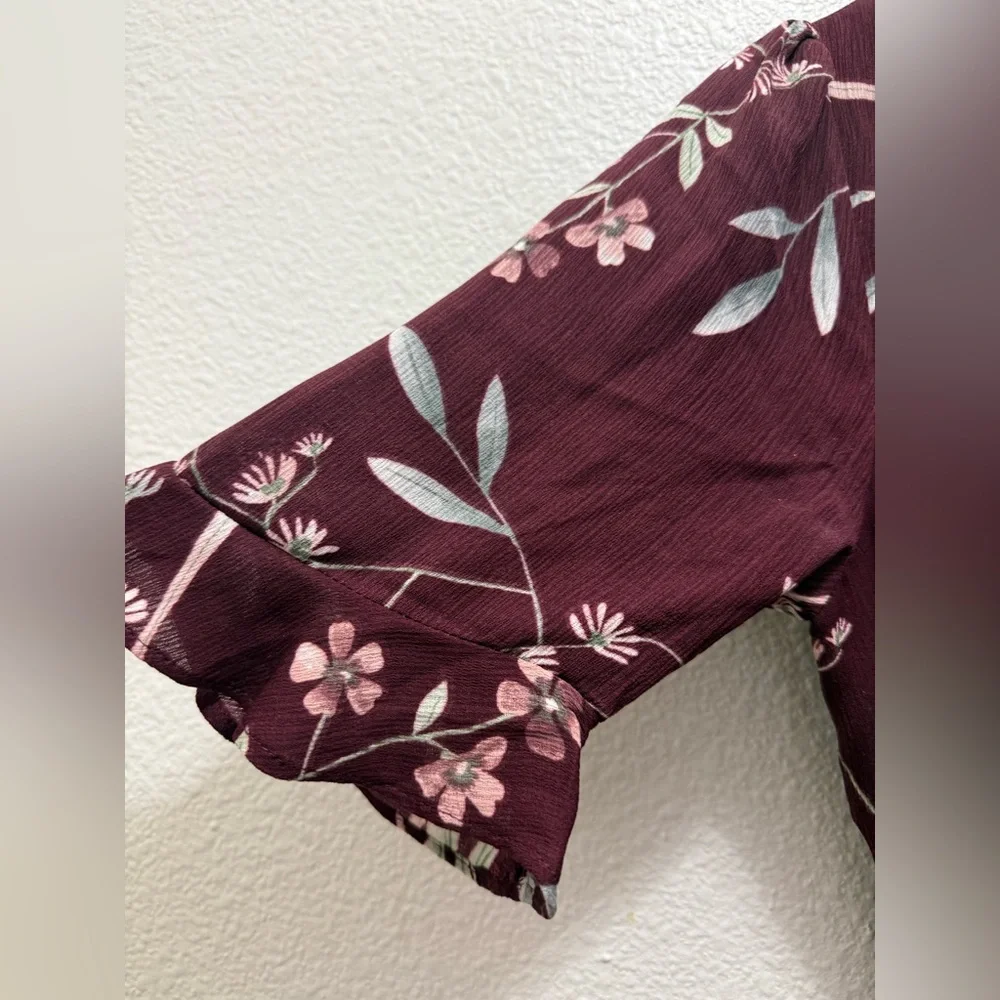 Lulus Wild Winds Burgundy Floral Print High-Low Wrap Dress - Picture 6 of 10